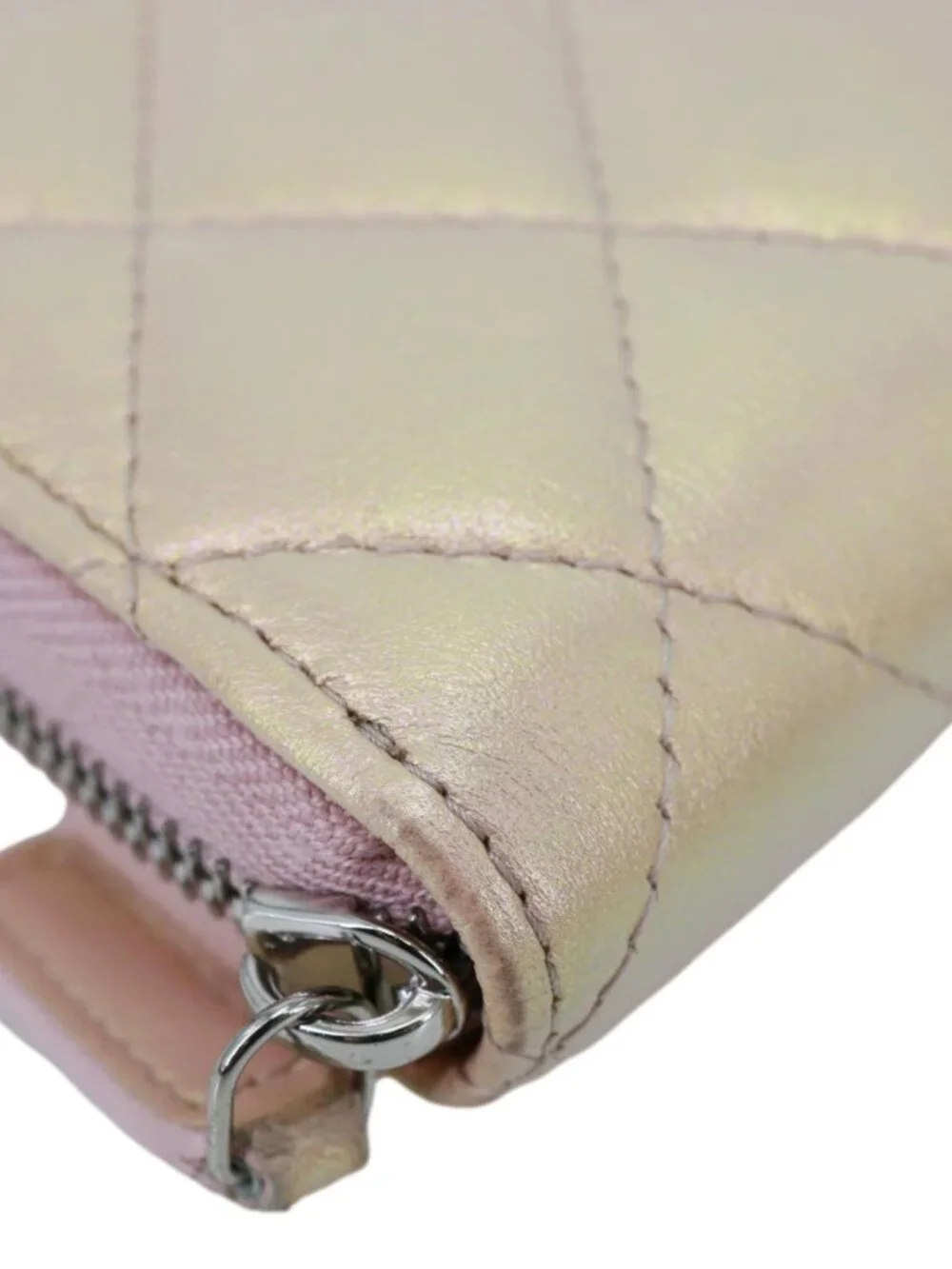 Chanel  Gusset Iridescent Leather Zip Around Wallet Pink